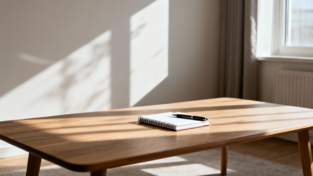 陽射しの差し込むテーブルに置かれたノートとペン