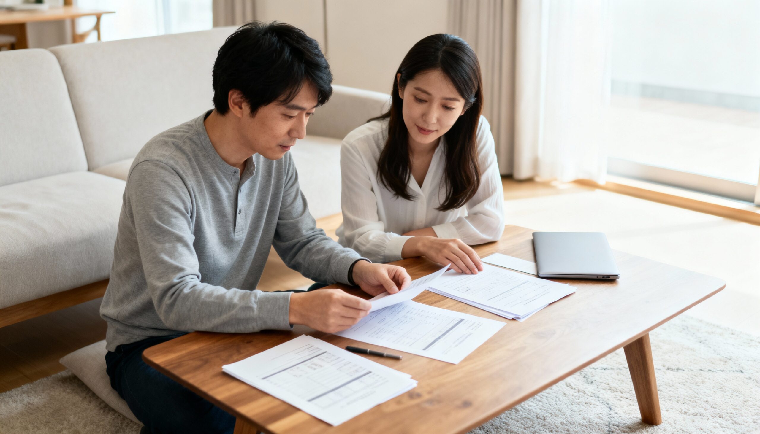 書類を見ながら相談している夫婦
