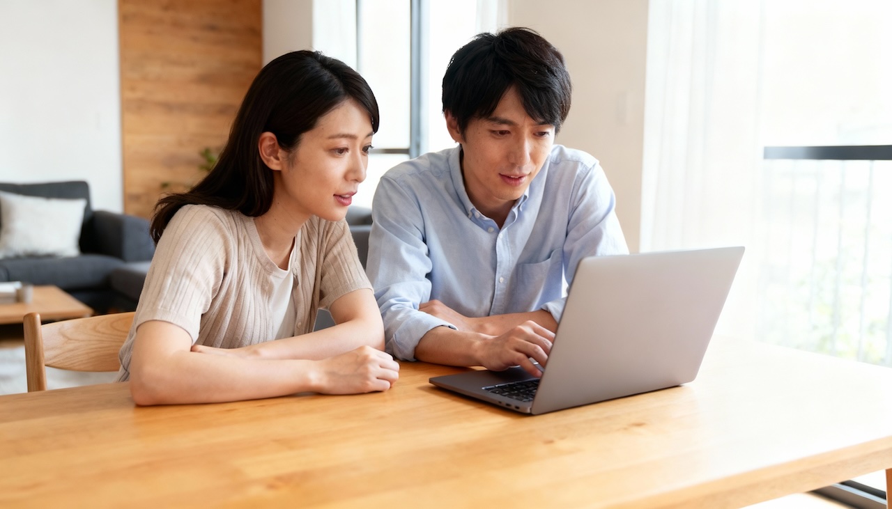 ノートパソコンを一緒に見ている夫婦
