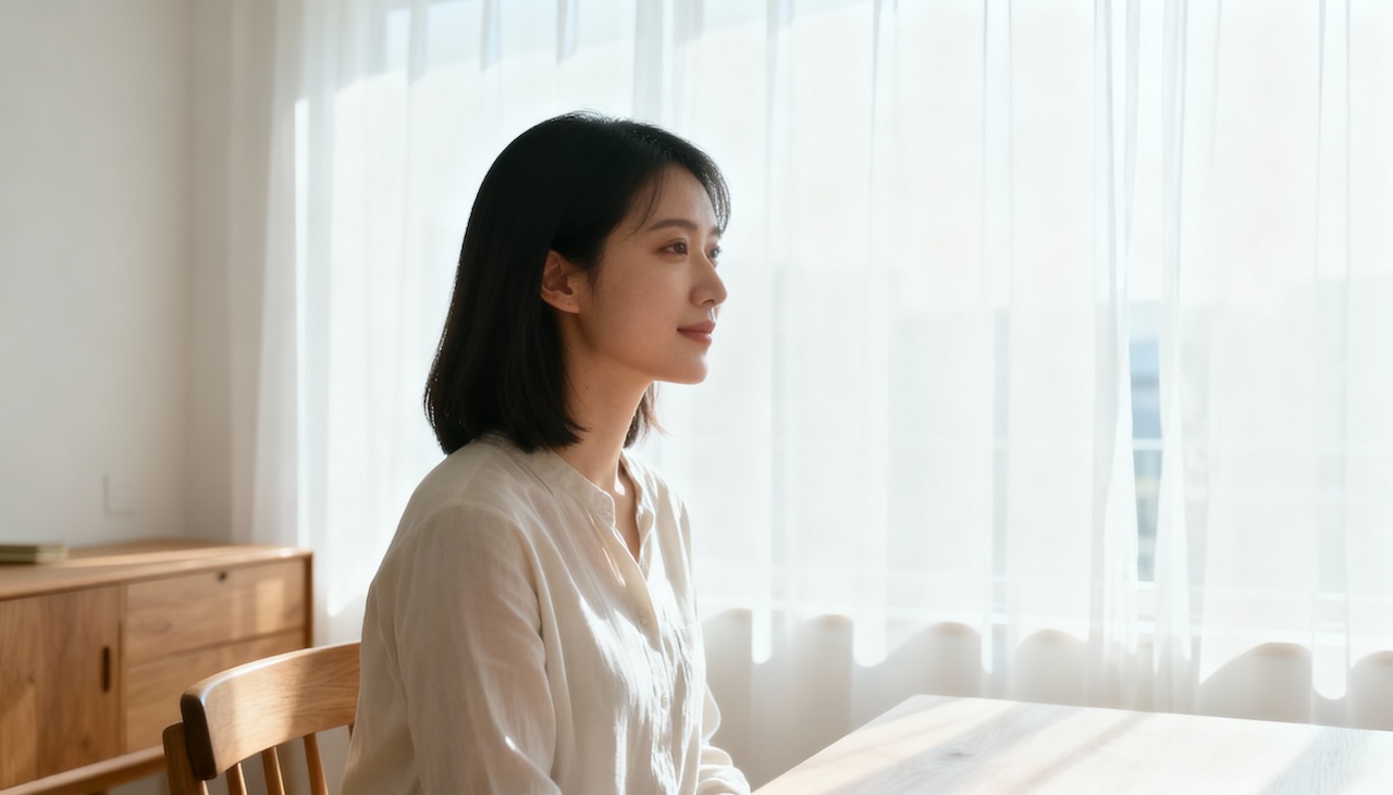 柔らかな光の中でテーブルに座る女性