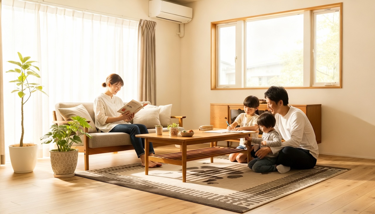 家族が明るいリビングで時間を過ごしている様子