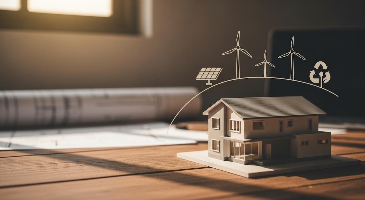 再生可能エネルギーを示すアイコンと家の模型が置かれた机