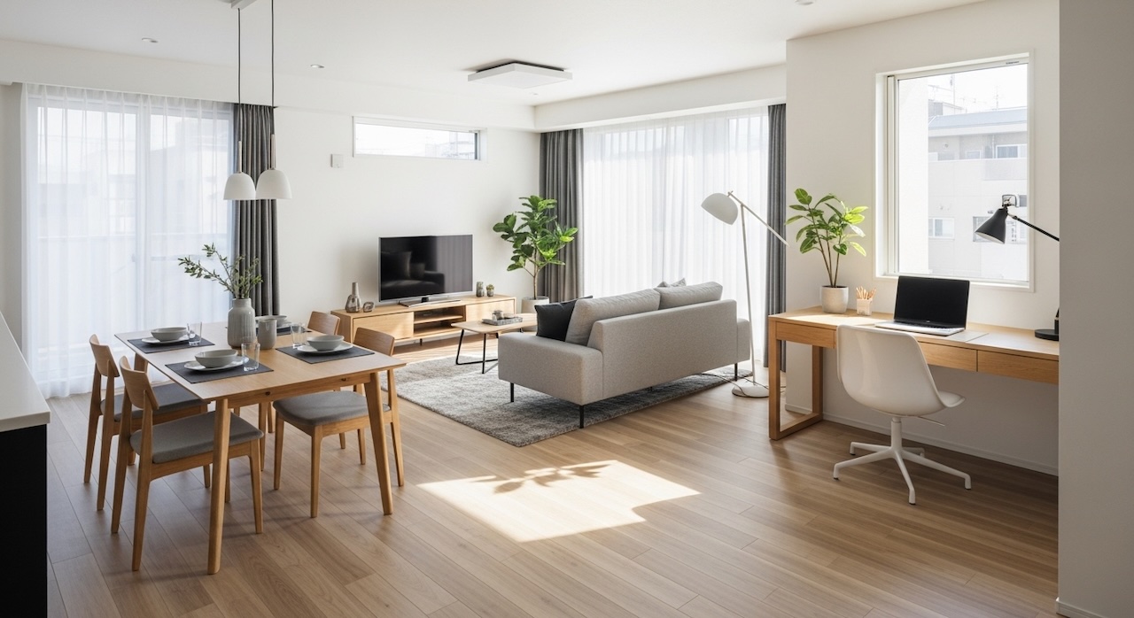 明るく整ったリビング・ダイニングとワークスペースのある室内