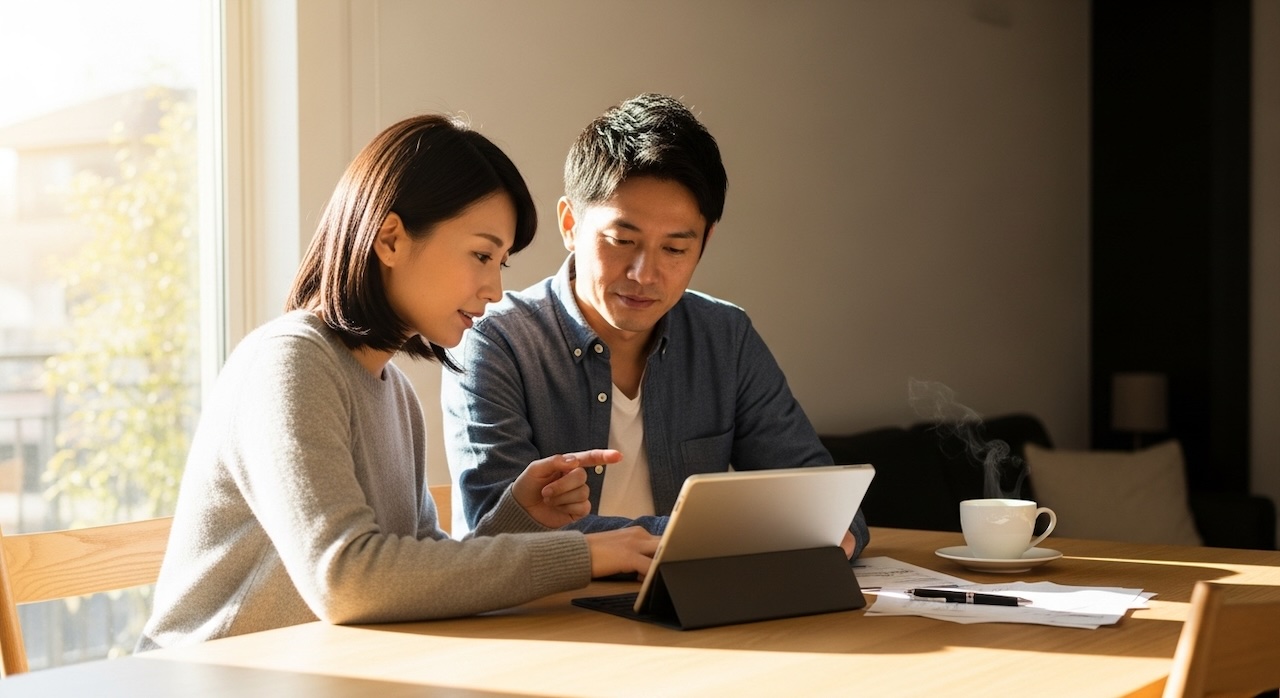 タブレットを見ながら話し合う夫婦