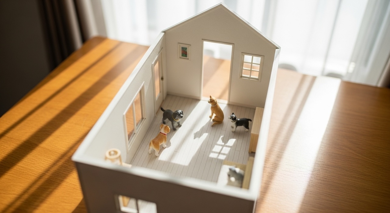 犬のフィギュアが置かれた小さな家の模型