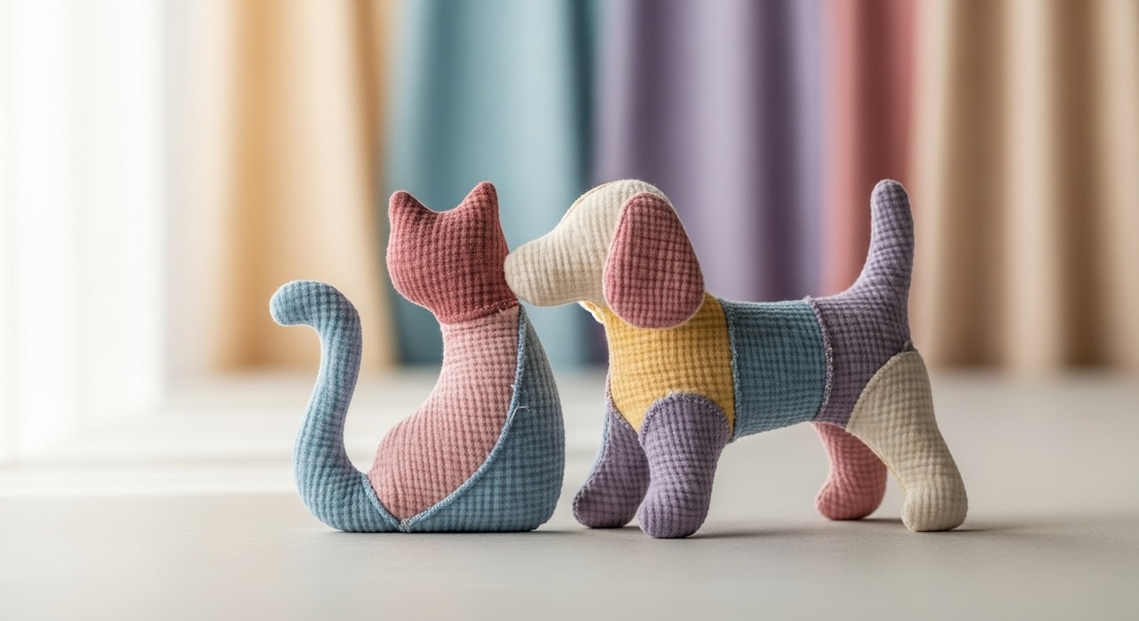 布で作られた猫と犬の可愛いぬいぐるみ