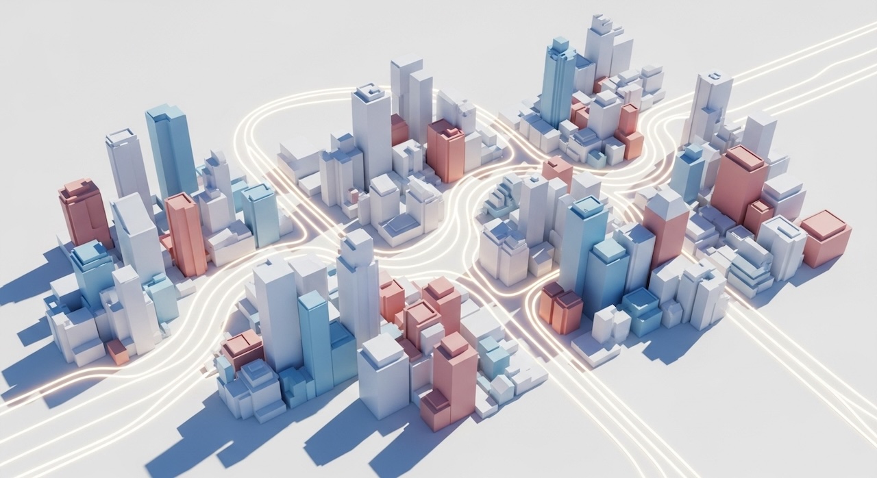複数の都市ブロックがつながる抽象的な街のイメージ図