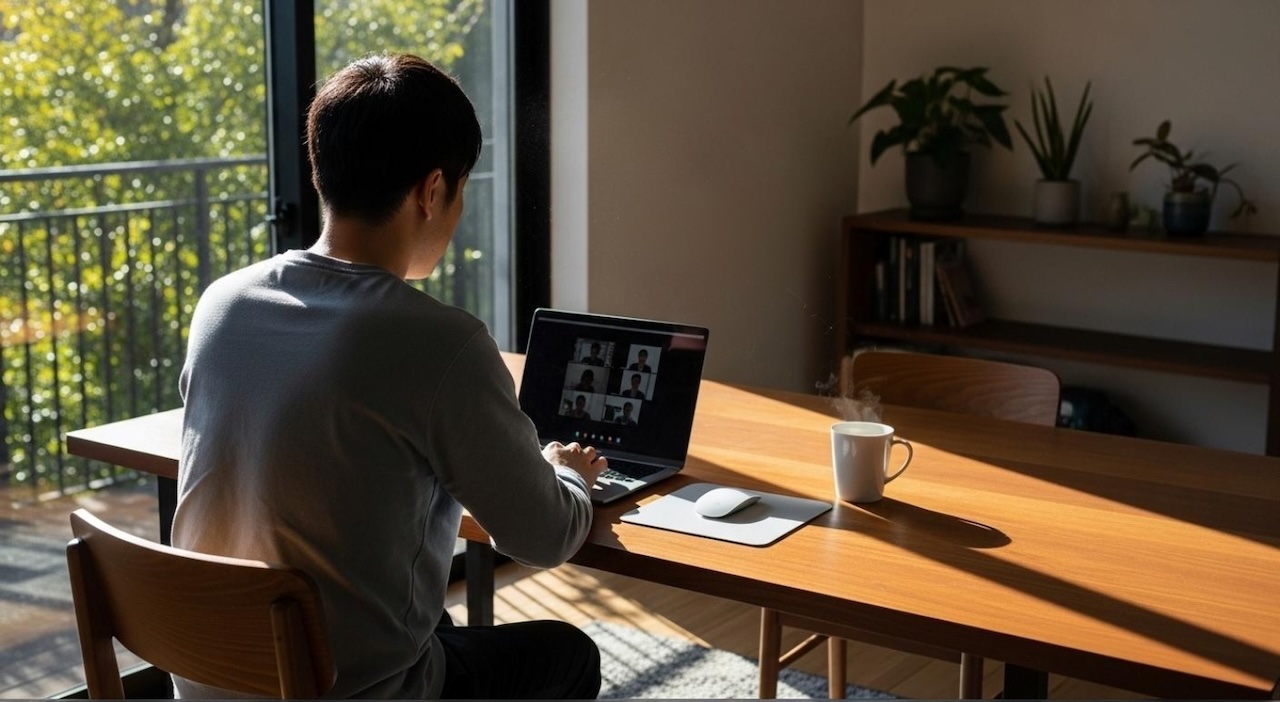 自宅のテーブルでオンライン会議をする様子