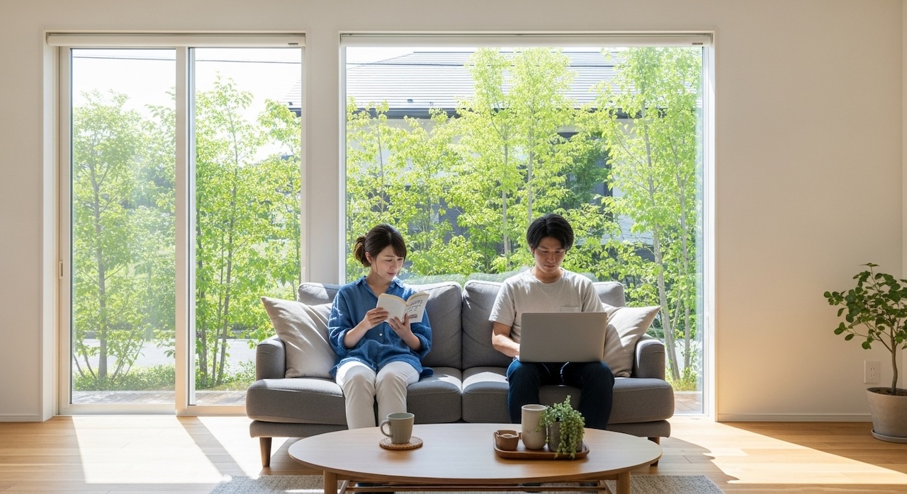 大きな窓の前のソファで本を読む人とノートパソコンを使う人