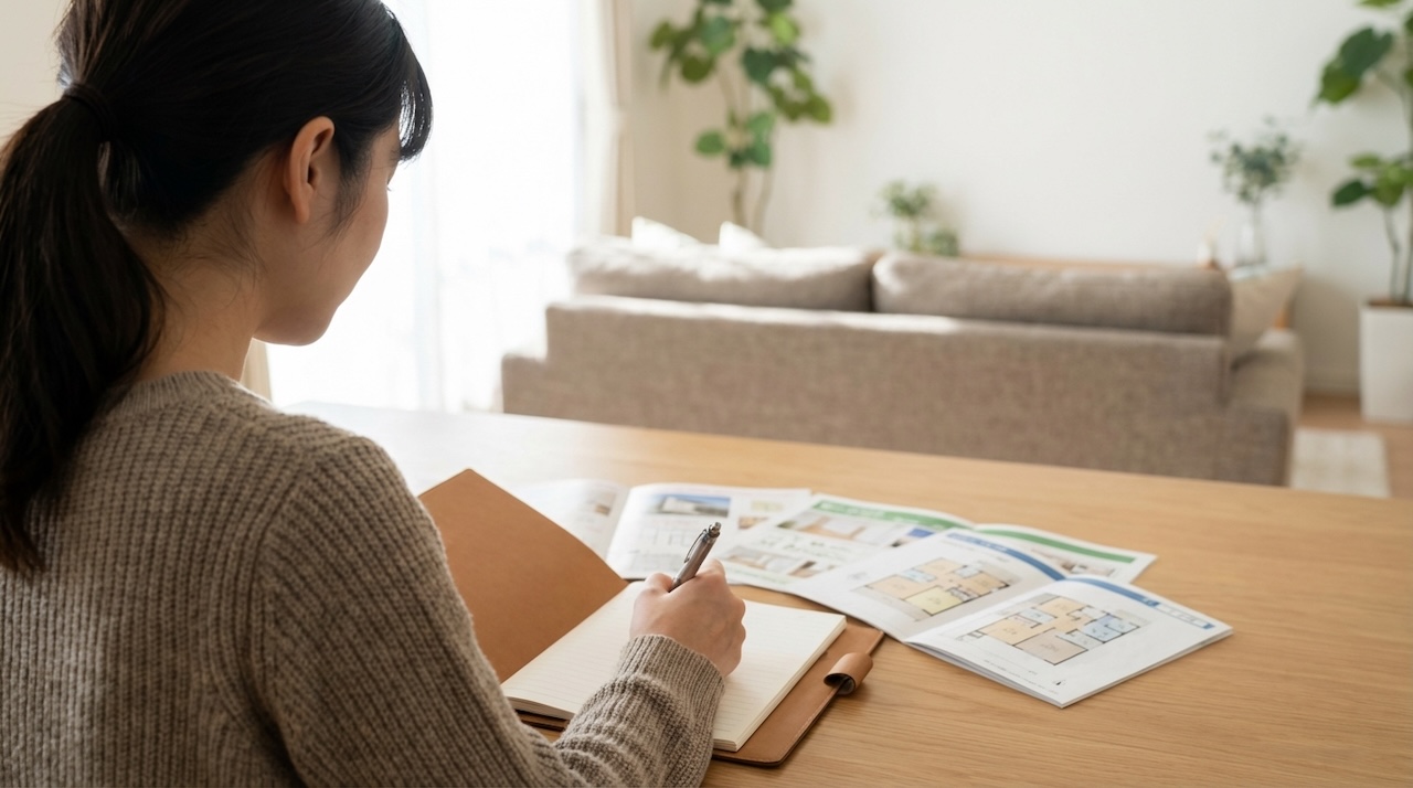 テーブルで間取り図を見ながらノートに書き留める女性