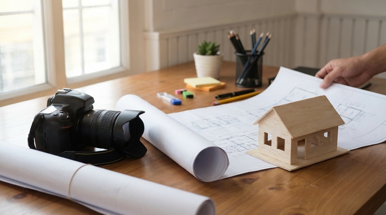 設計図と家の模型、カメラを並べて住まいの計画や記録を進めているデスクの様子