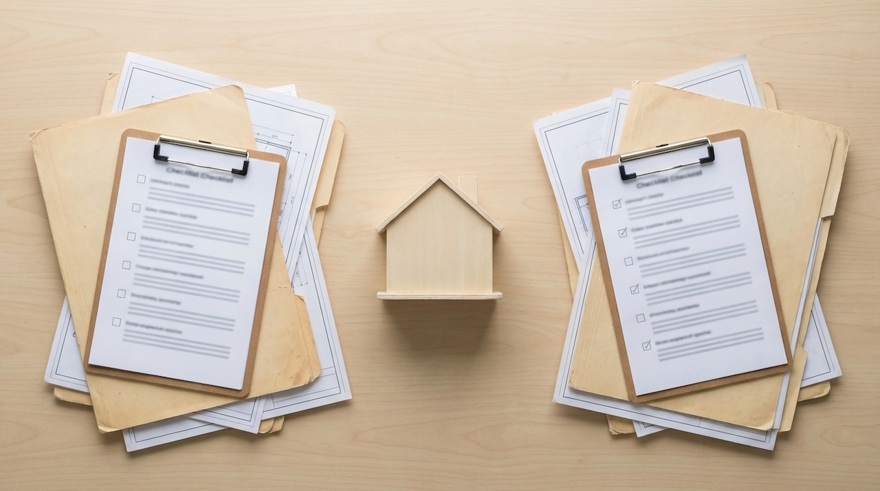 書類のチェックリストと家の模型を並べた、住まいづくりの準備や比較検討を表すイメージ