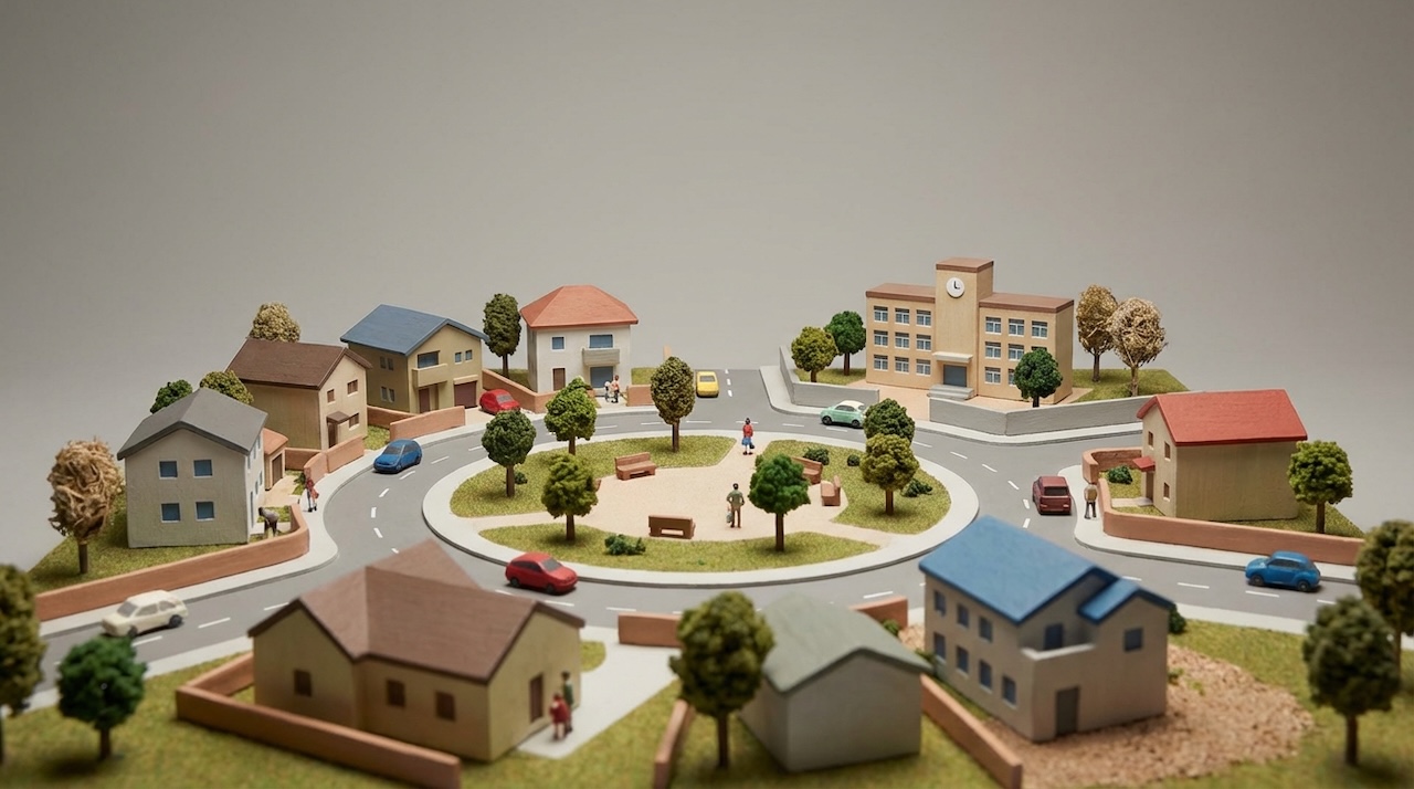 住宅や学校、木々に囲まれた円形交差点のあるミニチュアの街並み模型