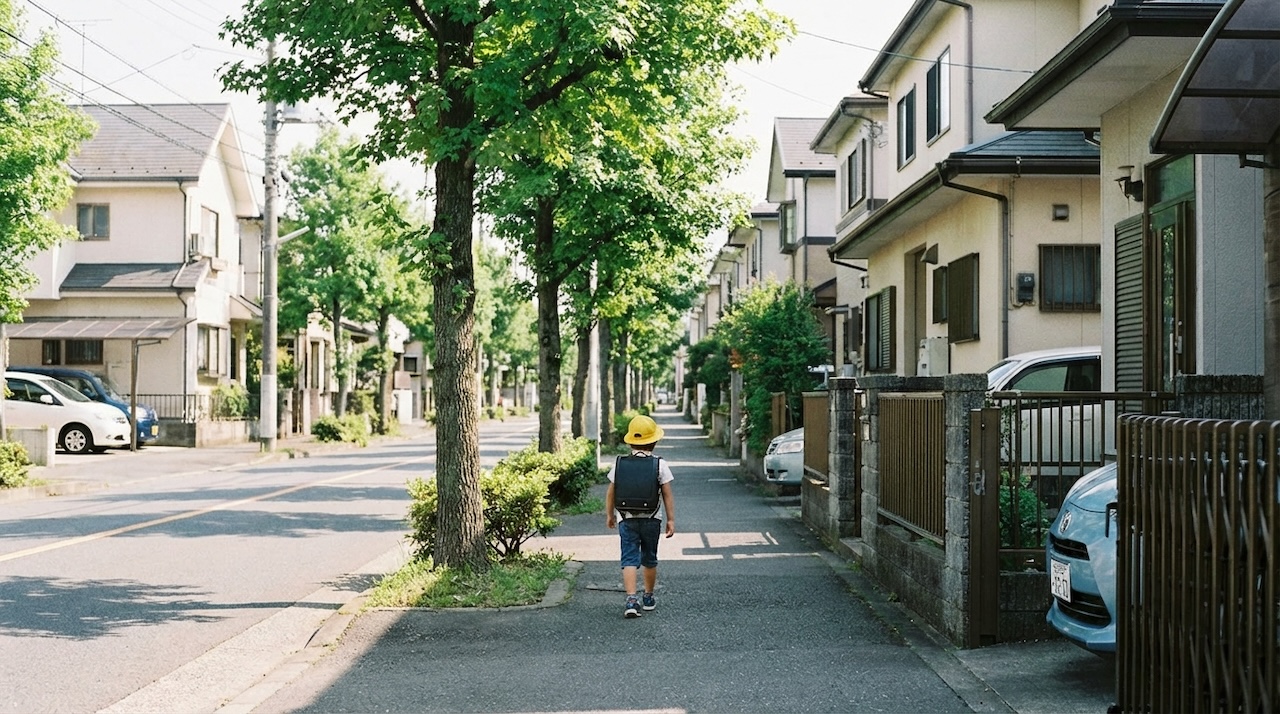 住宅街の並木道を子どもが歩いている様子