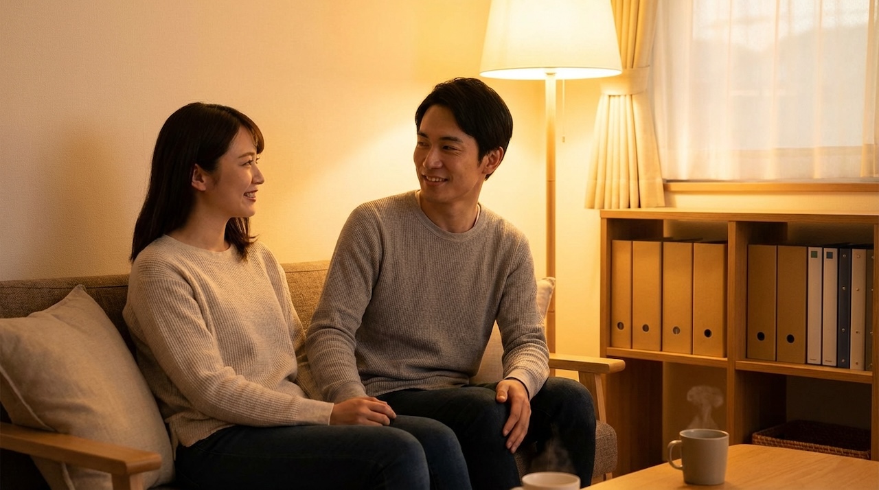 リビングのソファで向かい合い、穏やかに微笑む夫婦