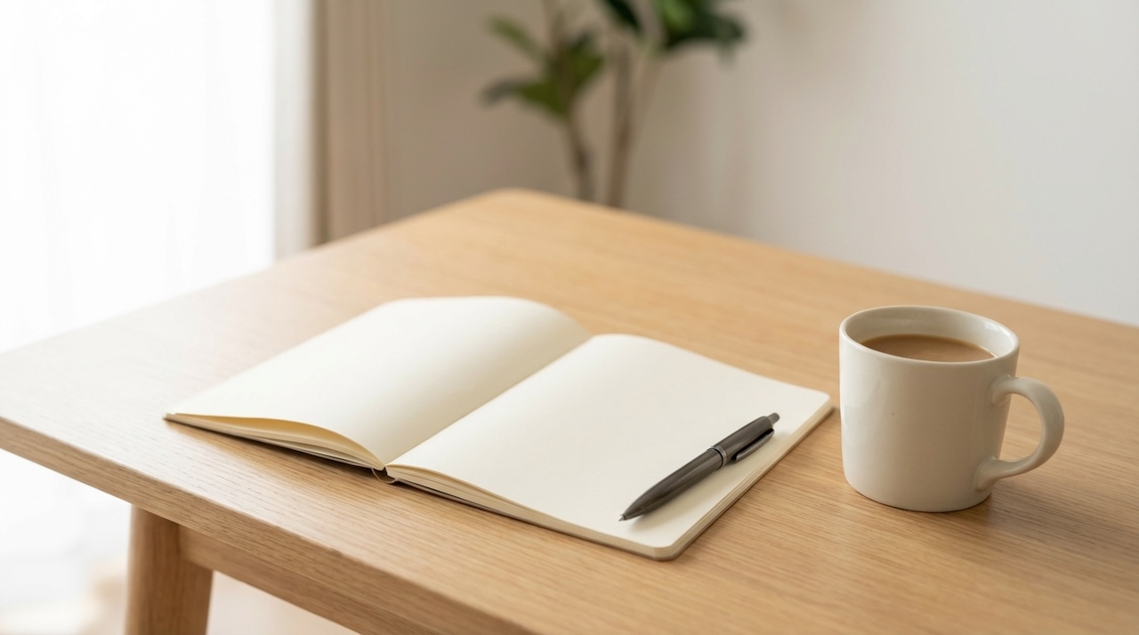 木製テーブルの上に開いたノートとペン、コーヒーカップが置かれた静かな作業風景