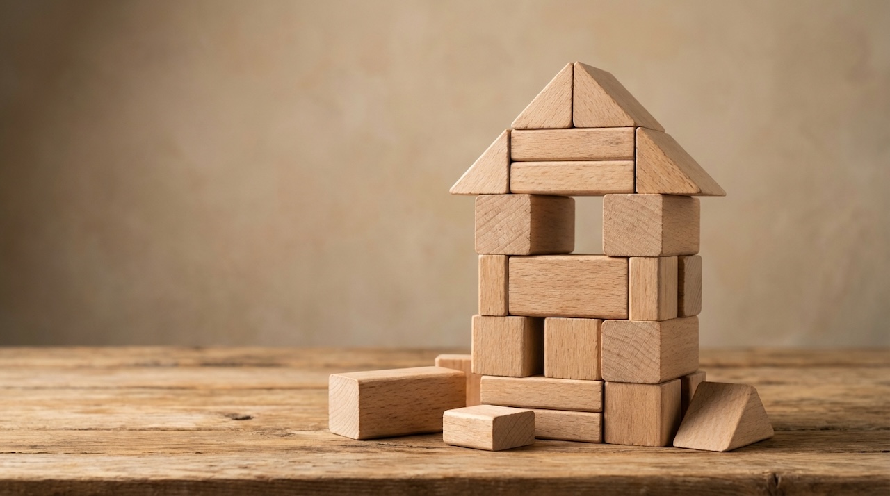 木製の積み木で家の形を作ったシンプルな構図の写真