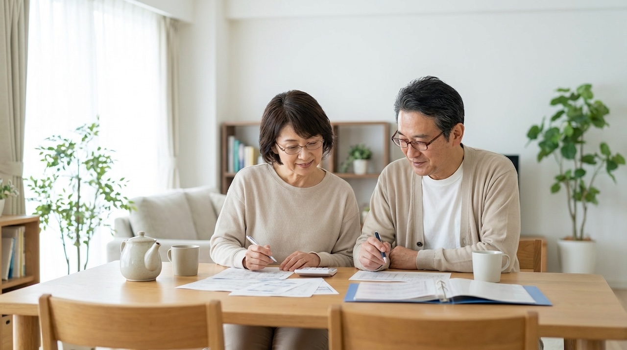 自宅のダイニングで書類を見ながら話し合う夫婦