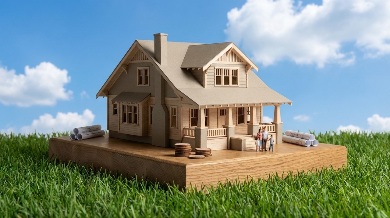 青空の下、草地に置かれた住宅模型と設計図、家族のミニチュアが並ぶ情景