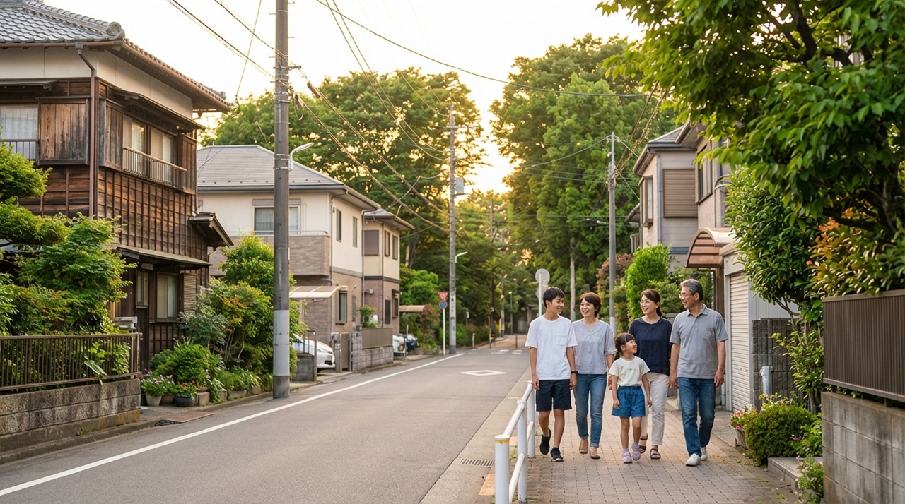 住宅街の夕暮れの道を三世代の家族が並んで歩く穏やかな風景