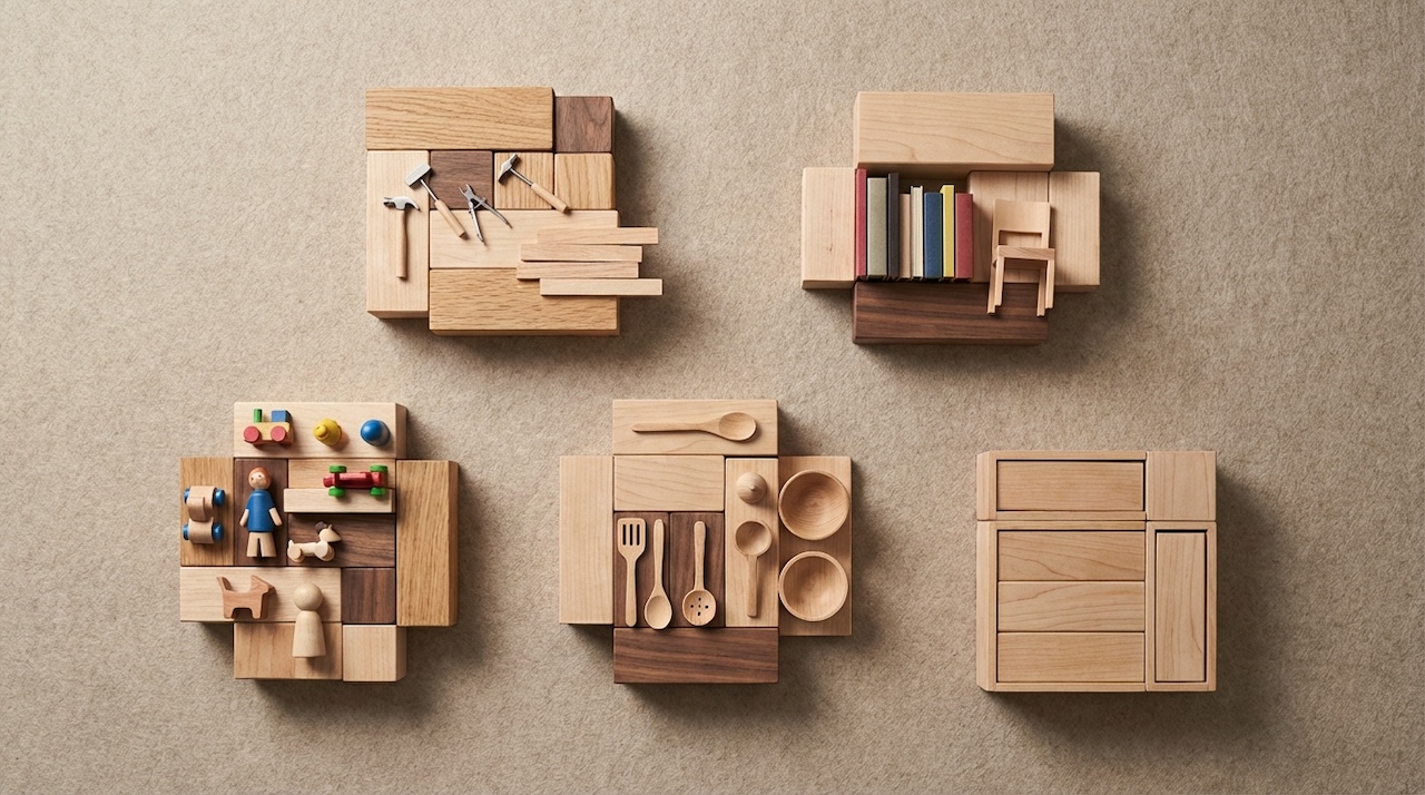 木製ブロックで道具や本、玩具、食器などの暮らしの要素を表現