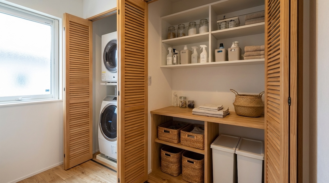 洗濯機と収納棚がすっきり配置された明るいランドリールーム