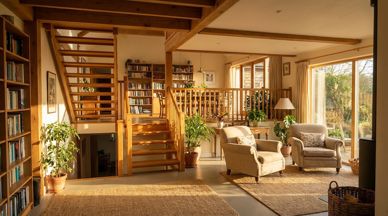 木の階段と本棚、観葉植物に囲まれた開放的で温かみのあるリビング空間