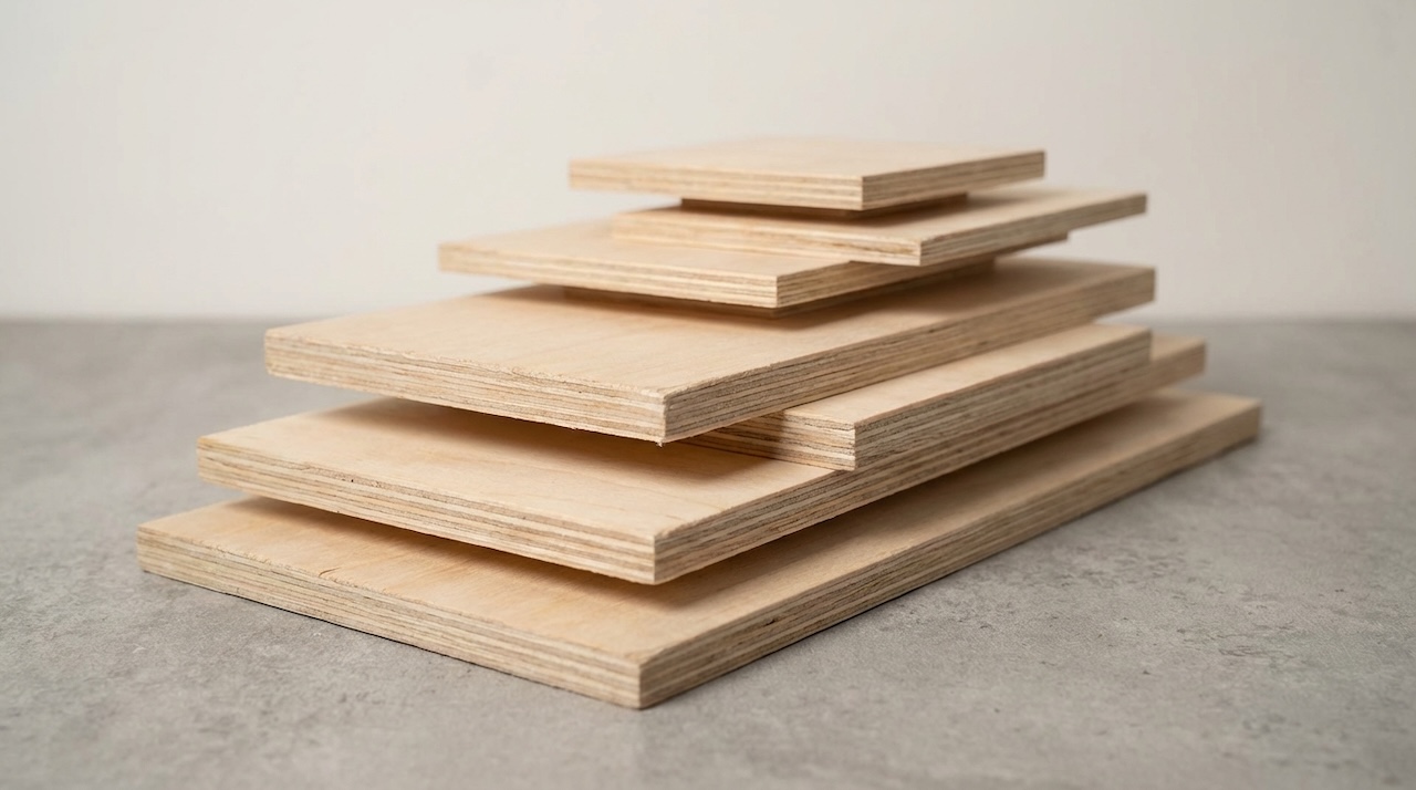 大きさの異なる合板が段状に重ねられたミニマルな構成の画像
