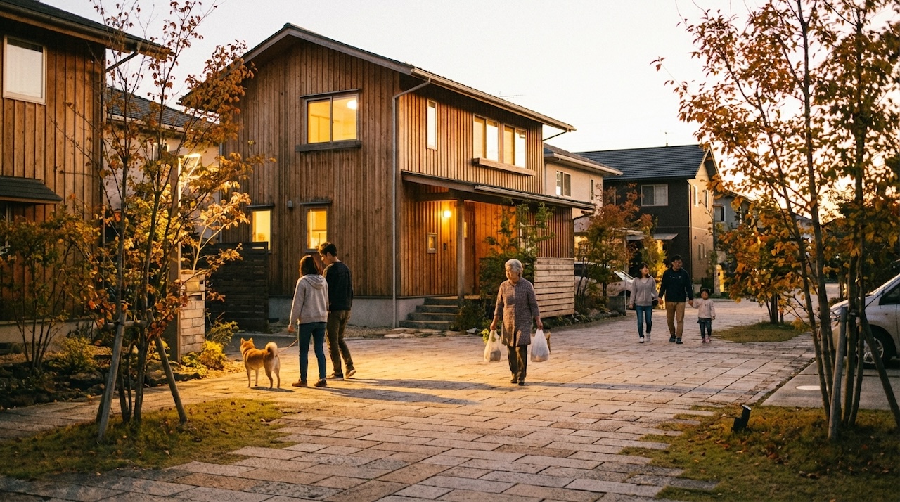 夕暮れの住宅街で、灯りのともる木造住宅の前を人々が行き交う温かな風景