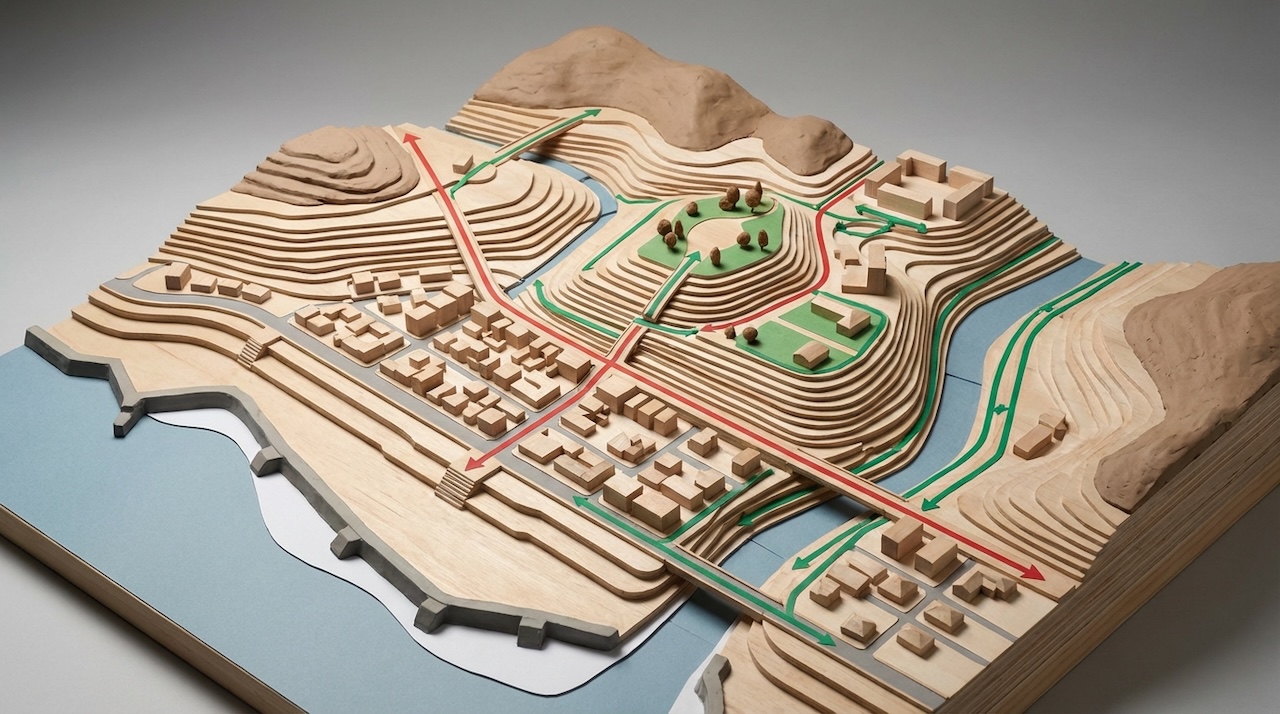 地形の起伏や道路、水の流れを示した木製の都市・土地計画模型