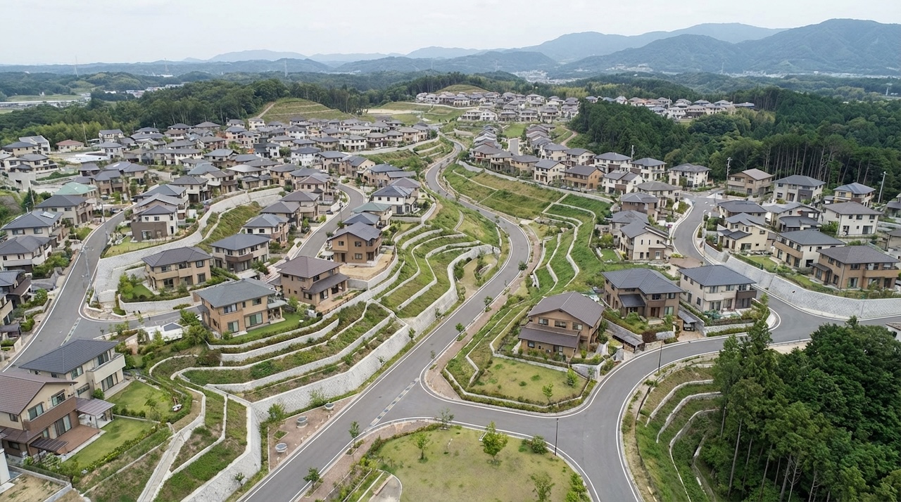 丘陵地の地形に沿って住宅と道路が整備された大規模な住宅地を俯瞰した風景