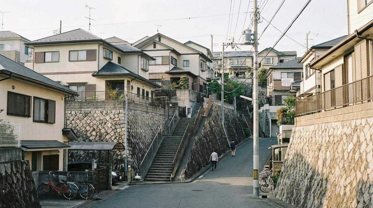 坂道沿いに住宅が並ぶ静かな住宅街の風景