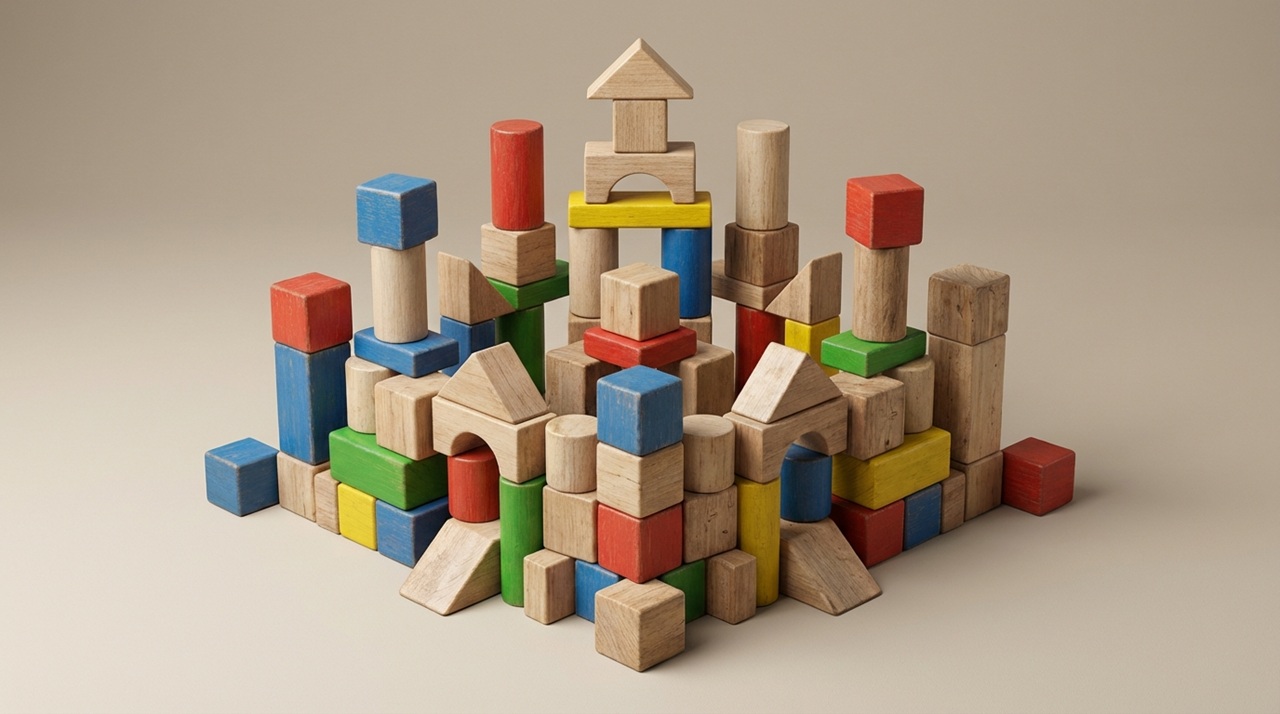 色と形の異なる木製積み木で組み立てられた小さな街のような構造物