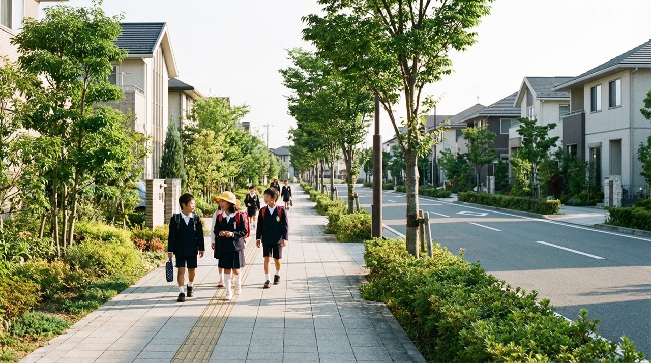 緑豊かな住宅街の歩道を、登校中の子どもたちが並んで歩いている様子