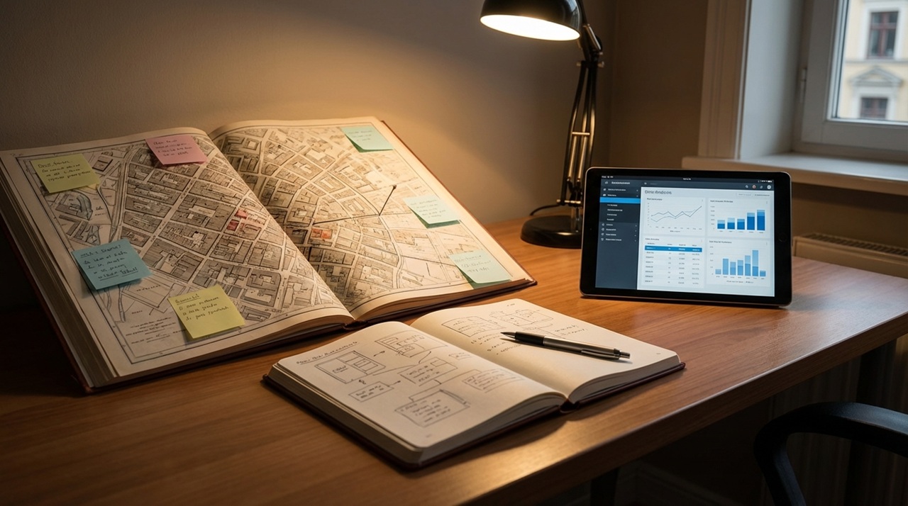 地図帳やノート、タブレットを並べてデスクで計画を立てる作業風景
