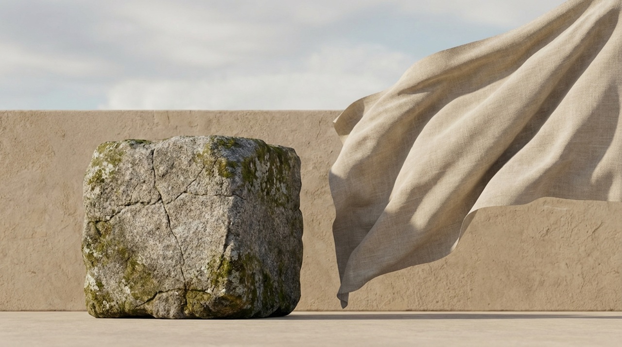 風に揺れる布のそばに、苔むした石が置かれた情景