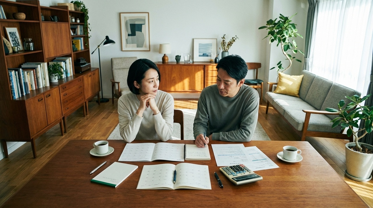 書類やノートを広げたテーブルで、夫婦が向き合って話し合っているリビングの様子