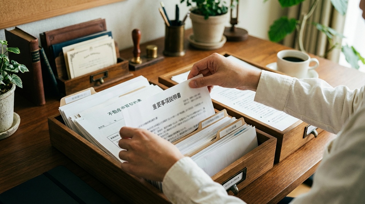 木製の書類ケースから不動産関連の書類を取り出して確認している手元の様子