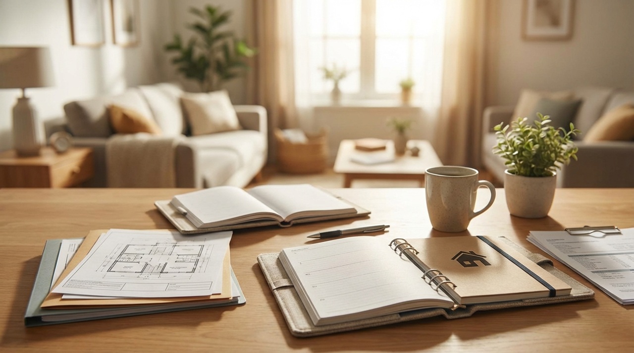 リビングを背景に、間取り図やノート、マグカップが整えられた落ち着いた作業テーブルの風景