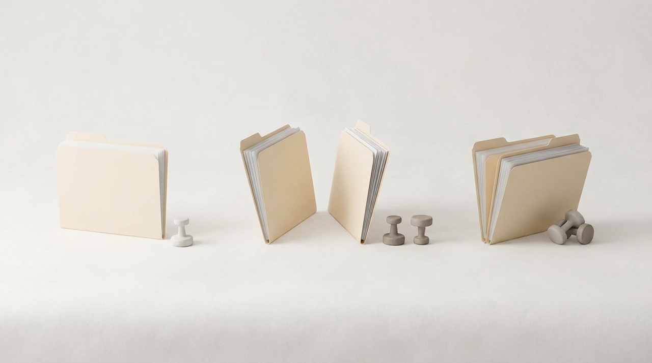 仕切り付きの書類フォルダーがピンと並べて整理されている様子