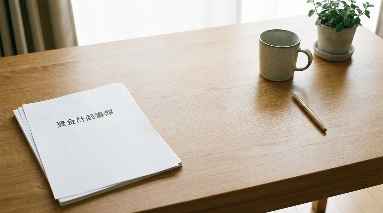 木製テーブルの上に資金計画書類とマグカップ、ペンが置かれたシンプルなデスク風景