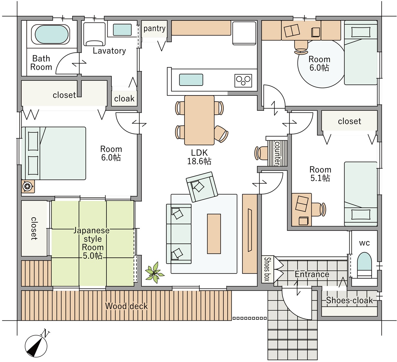 リビングと全てが繋がる理想的な4LDK平屋の間取り図