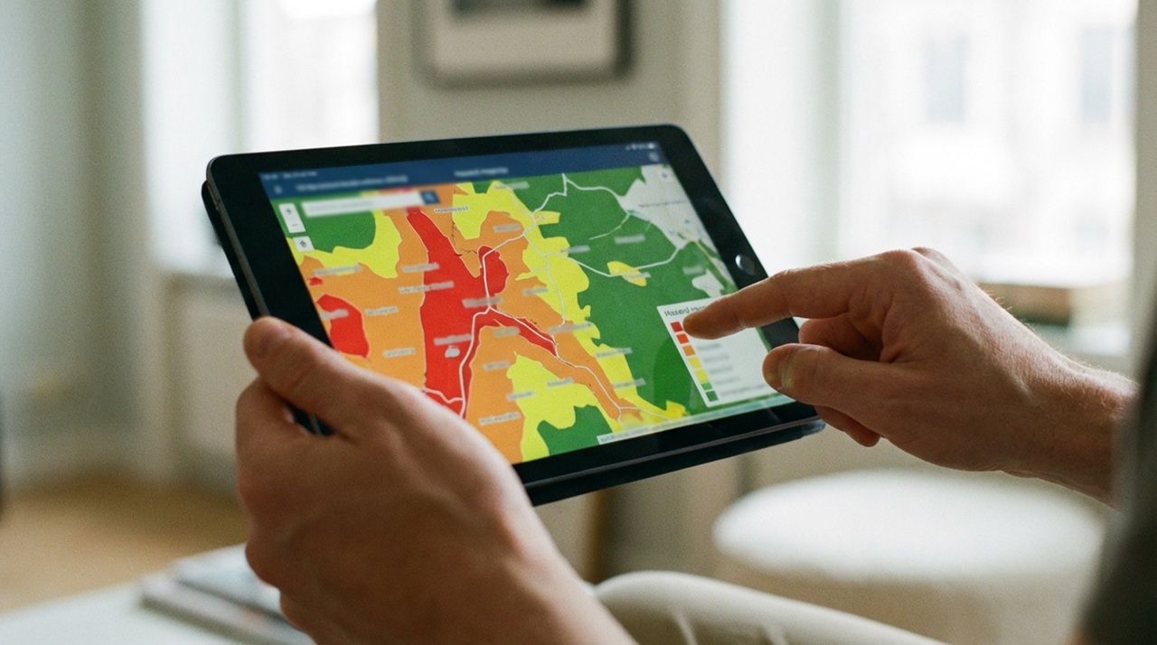 色分けされた地図を表示したタブレットを手に持ち、指で地点を示している様子