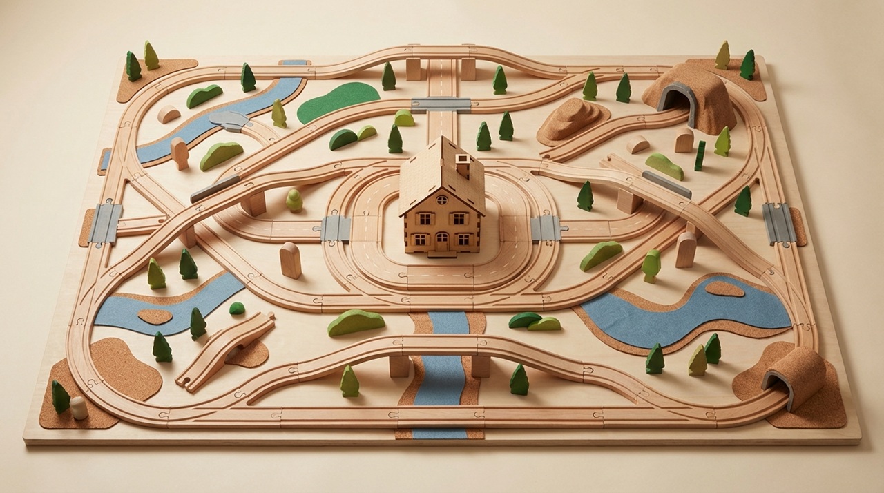 木製レールと家や木の模型で作られた、街と自然を表現した立体マップ模型