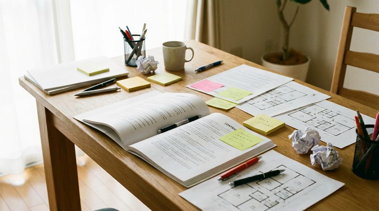 書類や間取り図、付箋を広げて検討している木製テーブルの作業風景