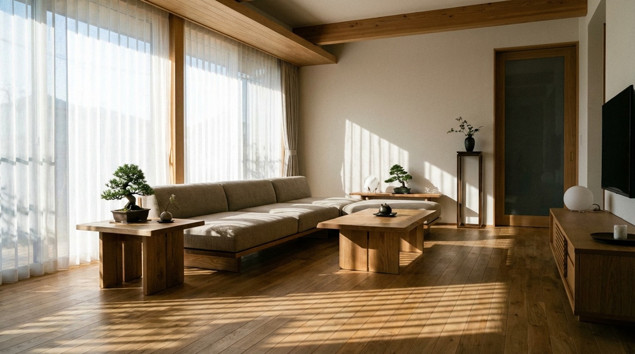 木の温もりと自然光に包まれた、落ち着いた雰囲気のリビングルーム