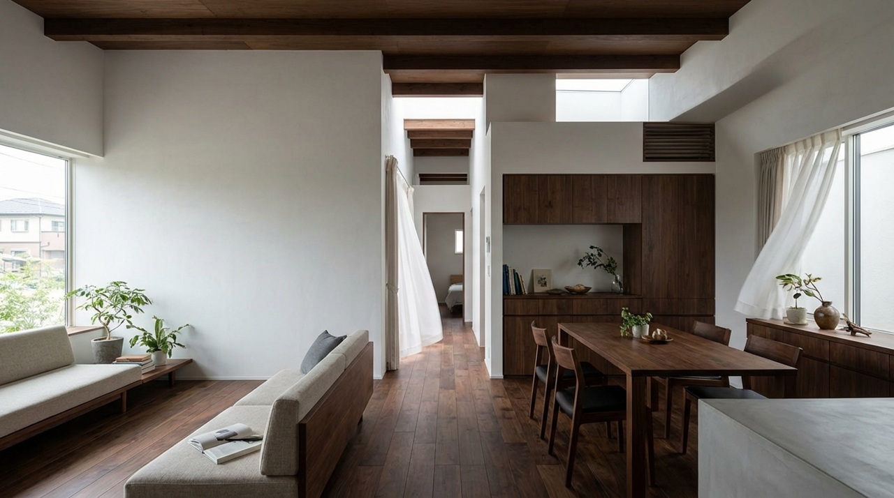 木の梁と白壁が調和した、リビングとダイニングが一体となった開放的な住空間