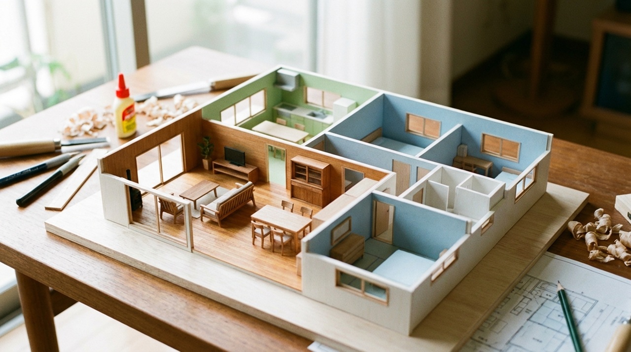 室内の間取りや家具配置が分かる、制作途中の住宅模型が机の上に置かれている様子