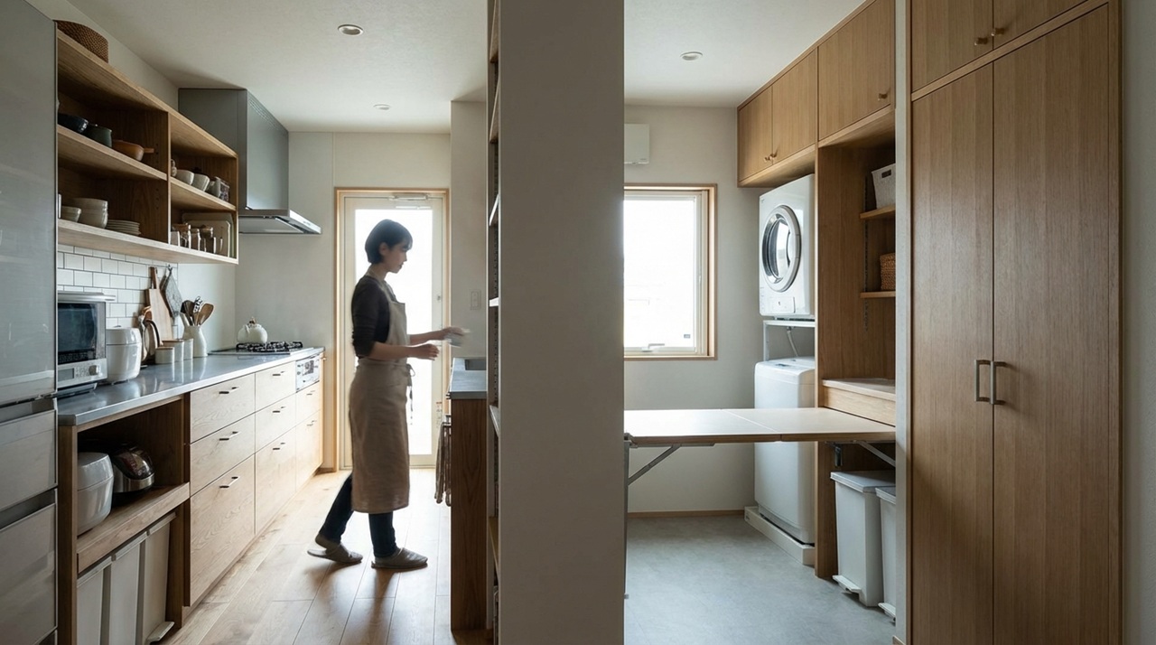 キッチンと洗濯スペースが一体化した家事動線の良い空間で作業する人物の様子