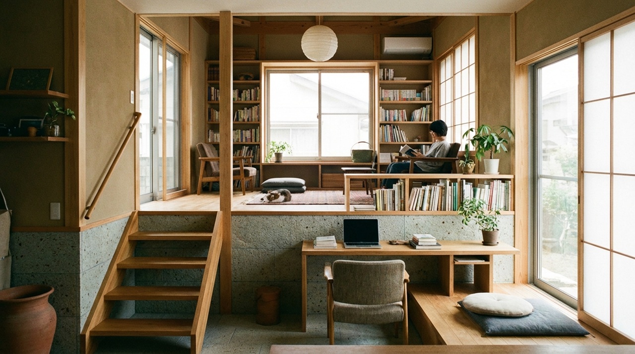 段差のあるリビングと書斎がつながり、本棚に囲まれて読書を楽しむ人物がいる落ち着いた住空間